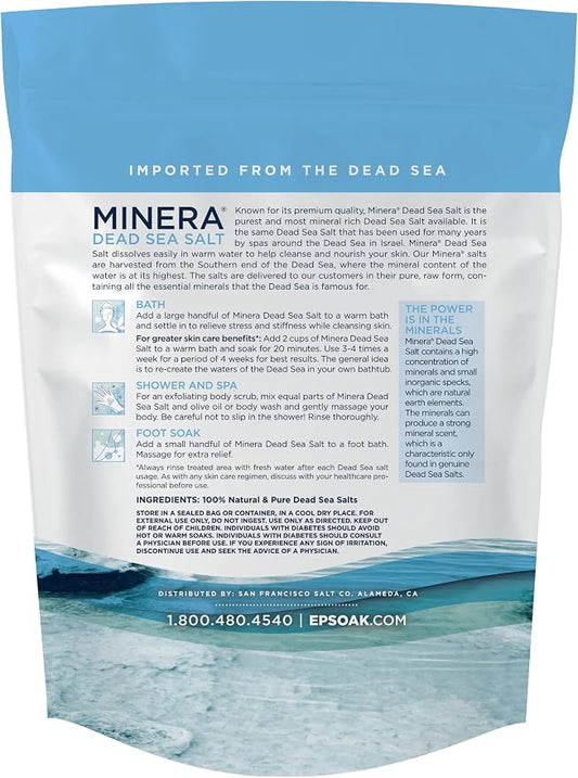 Minera Dead Sea Salt, 100% Pure & Natural, 10 lbs. Fine Grain (0-1.7 mm) Bulk Bag, Easily Dissolving Dead Sea Salts for Soaking & Bathing, Skin Nourishing Fine Sea Salt, Unscented