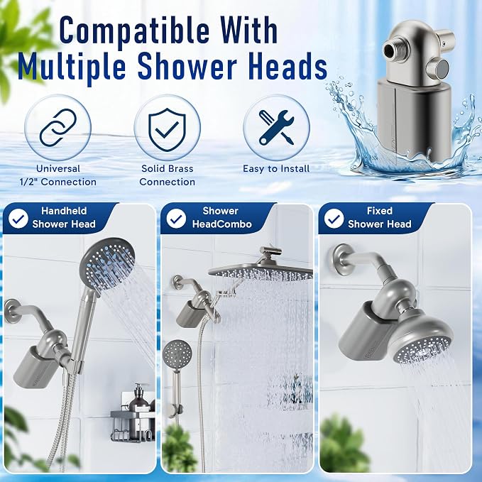 Veken Shower Filter to Reduce Chlorine, KDF Shower Head Filters with Activated Carbon and Calcium Sulfite for Filtered Shower Water, Filtro Para Ducha De Baño, One-Press Replacement, Nickel