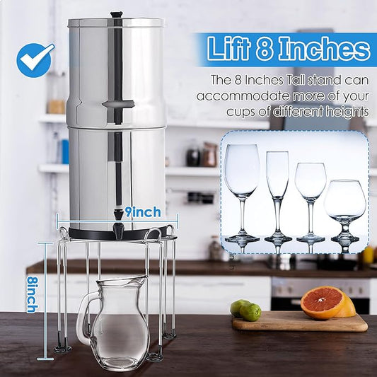 Dreyoo Water Filter Stand 8" Tall by 9" Wide Compatible with Berkey Water Filter System Countertop, Detachable Stainless Steel Stand for Most Medium Gravity Fed Drinking Fountain