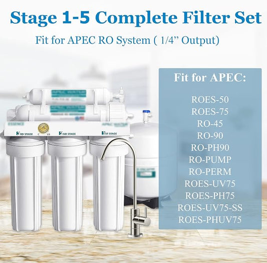 1-5 Stage 100 GPD RO Water Filter Set Replacement Fit for APEC Reverse Osmosis System (1/4" Output)