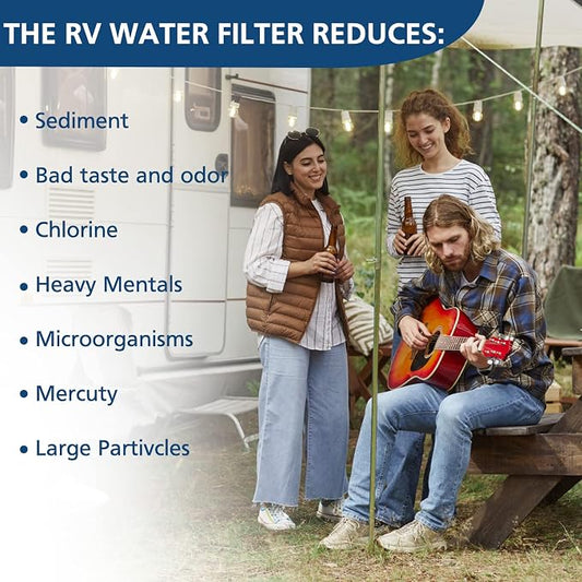 2-pack Advanced RV Inline Water Filter with Flexible Hose Protector | KDF&GAC Reduces Bad Taste, Odors, Chlorine, and Sediment, Camping Essentials for Fresh Drinking Water