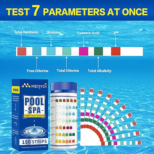 7-Way Pool Test Strips,150 Strips Pool and Hot Tub Test Strips,Accurate Test Bromine,Total Alkalinity,pH,Free Chlorine,Total Hardness,Cyanuric Acid and Total Chlorine Pool Spa Water Test Strips