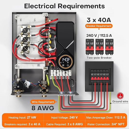 27kW Tankless Water Heater Electric 240V, On Demand Hot Water, Automatically Maintains Water Temperature, Up to 6.5 GPM, WiFi Control, ETL Eertified, Eco, WM27V Plus