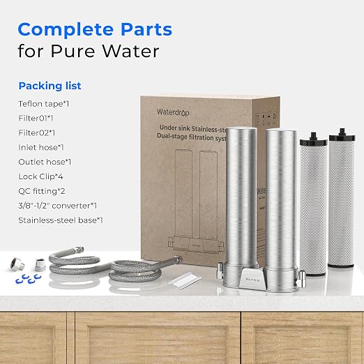 Waterdrop DST Under Sink Water Filter System, No Drill Required for Renters | Reduce Chlorine, PFOA/PFOS, Bad Taste & Odor, 2 Stage Stainless Steel Under Sink Water Filtration System