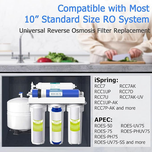 5-stage 75G GPD Reverse Osmosis System Replacement Filter Set 1-Year, Under Sink RO Water Filter System Kit Compatible with Most 10" Water Filtration System, 1/4" Output.