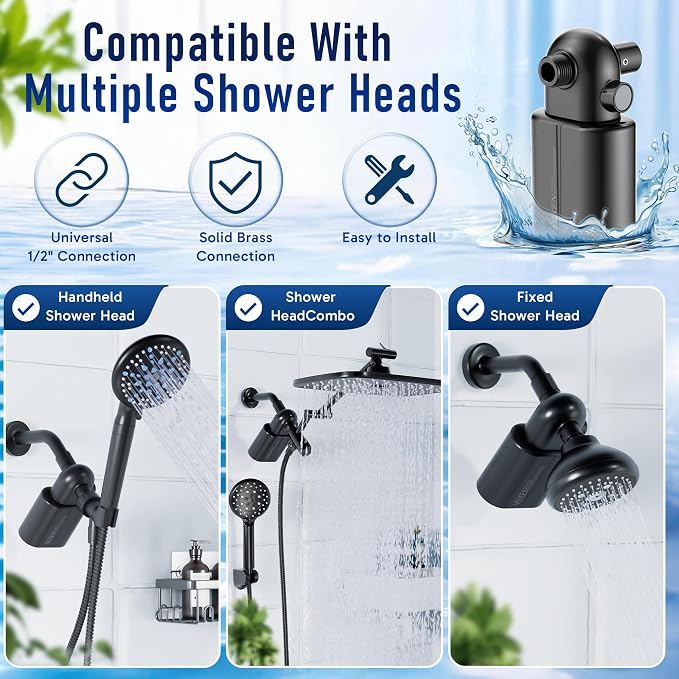 Veken Shower Filter to Reduce Chlorine, KDF Shower Head Filters with Activated Carbon and Calcium Sulfite for Filtered Shower Water, Filtro Para Ducha De Baño, One-Press Replacement, Matte Black