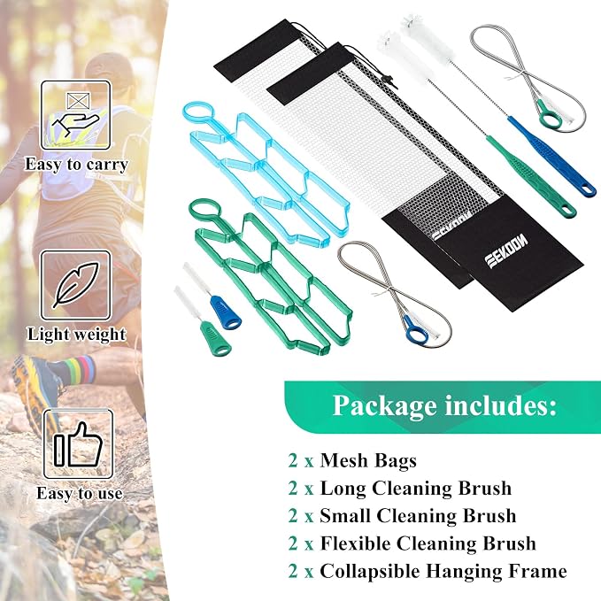 Feekoon Reservoirs Backpack Accessories Hydration Bladder Cleaning Kit with Flexible Long Brush for Hose, Small Bite Valve and Big Brush, Drying Collapsible Bladder Frame, Carrying Pouch