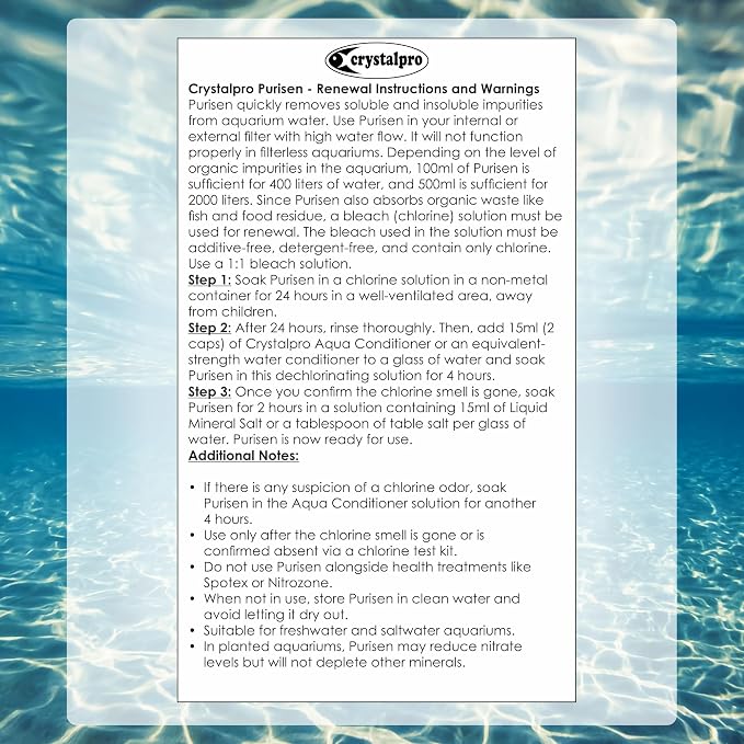 Crystalpro Purisen 100ml - Organic Waste Filtration Resin for Crystal Clear Aquarium Water - Regenerable - Fresh and Saltwater