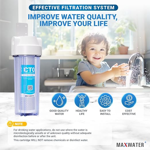 Max Water Whole House Water Filter Housing, 1 Stage 10 inch Housing for Under Sink Reverse Osmosis Water Filtration System, with CTO Carbon Filters Pre Aquarium Boiler RO Odor - Reducer (1 Stage CTO)