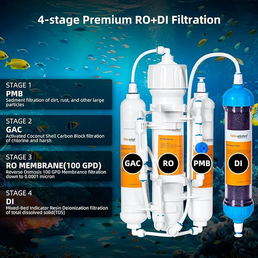 4-Stage Aquarium Reverse Osmosis System with Flushing Valve Portable RO+DI deionized Water Filtration,Colour Changing DI Filter,100 GPD-TDS Close to 0 ppm