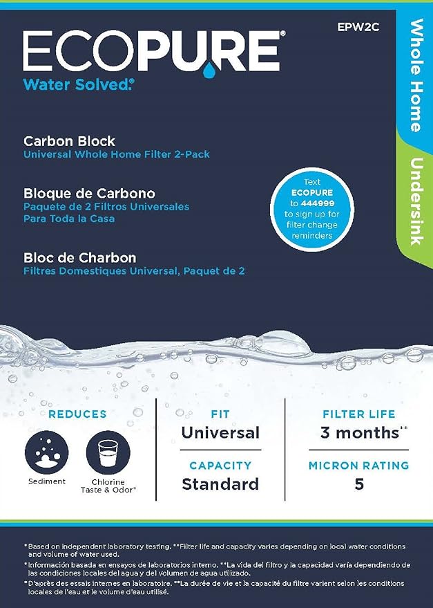 EcoPure EPW2C Carbon Whole Home Replacement Water Filter-Universal Fits Most Major Brand Systems (4 Pack), 2 Count (Pack of 2), Light Gray/Black