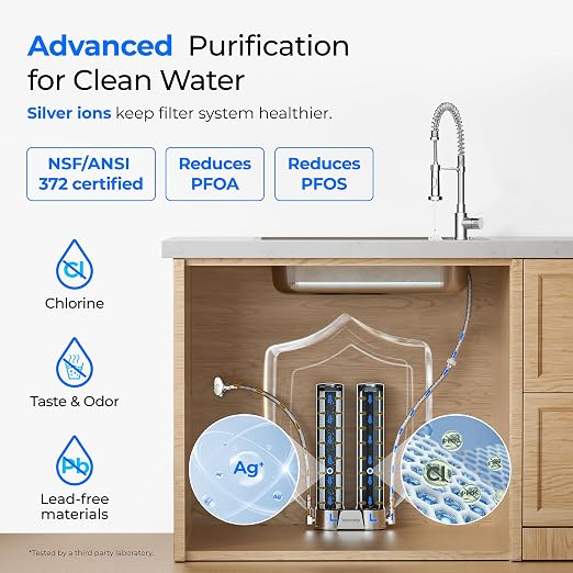 Waterdrop DST Under Sink Water Filter System, No Drill Required for Renters | Reduce Chlorine, PFOA/PFOS, Bad Taste & Odor, 2 Stage Stainless Steel Under Sink Water Filtration System