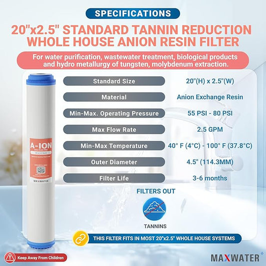 Max Water Slim Blue 20" x 2.5" Whole House Tannin Reduction Water Resin (for Tannins Only) Replacement Anion Filter Compatible with 20" Slim Blue Whole House Systems