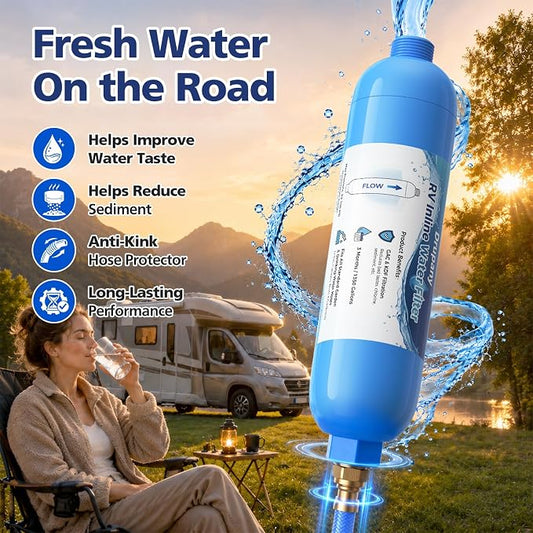 RV Water Filter, 4 Pack RV Inline Water Filter with Flexible Hose Protector | Camper Water Filter System for RVs, Campers & Boats, Water Hose Filter Reduces Chlorine, Sediment, Bad Taste & Odors