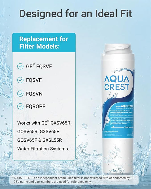 AQUA CREST FQSLF, FQSVF Under Sink Water Filter, Replacement for GE FQSLF, FQSVF, FQSVN, FQROPF, Compatible with GE GXSV65R, PXRQ15F, PNRQ15F, NSF 42 Certified, Model No.AQU-FF23-LF, 2 Pack