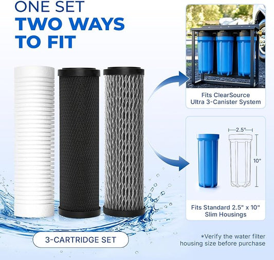 Upgrade RV Replacement Filter Set for ClearSource Ultra 3-Canister System | Standard 2.5" X 10" Size; 3-Stage: 5-Micron Sediment, 0.5-Micron Carbon Block & 0.1-Micron Final Guard; Up To 2,000 Gal