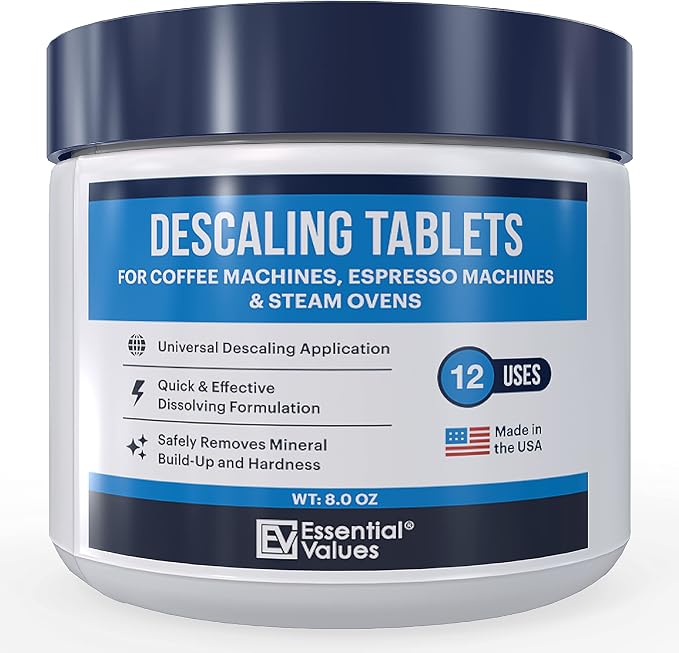 Essential Values Descaling Tablets, Coffee Maker Cleaner Compatible with Keurig Coffee Machines, Breville, Delonghi, Jura, Miele, Bosch, Tassimo Espresso Machines and Miele Steam Ovens (Pack of 24)