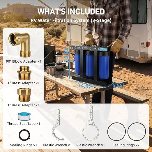 3-Stage RV Water Filter System, 0.01 Micron UF Filter, 1" Brass Inlet/Outlet, 90° Elbow Adapter, Reduces Sediment, Heavy Metals, Chlorine and More, Cleaner Water for RVs, Campers and Trailers