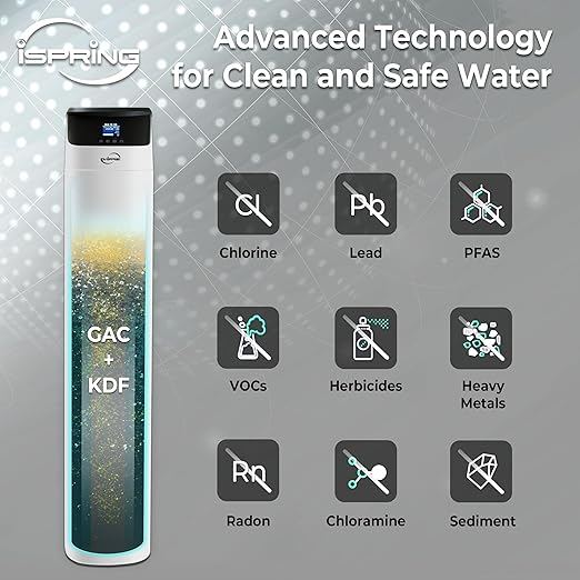 iSpring Elite Series Whole House Central Water Filtration System with Automatic Control Head, Reduces Chlorine, Chloramine, PFAS, Lead, Model: WCF200K