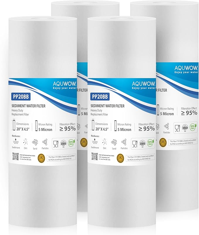 PP20BB 5 Micron 4.5" x 20" Filter Set – Sediment Replacement Cartridges for Whole House Water Filtration Systems, Universal Standard PP Filters (4, 20 x 4.5)