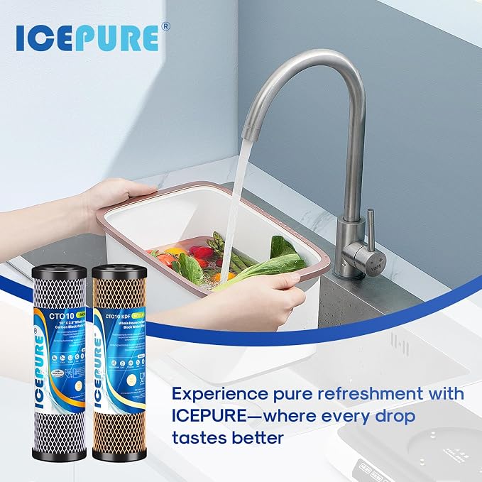 ICEPURE 2-Stage 2.5" x 10" Whole House Water Filter Cartridge Replacement Combo Kit, 1 Micron Activated Carbon Block Filter and KDF Compatible with WFPFC9001, SCWH-5, WHCF-WHWC, FXWTC, CBC-10