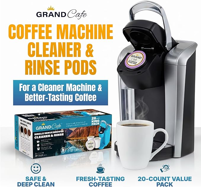 Grand Cafe Keurig Cleaning Pods (20 Pack) - K Cup Cleaner & Rinse Pods for Keurig, Descaler for Coffee Machines, Coffee Maker Descaling Kit, 1.0 & 2.0 Compatible