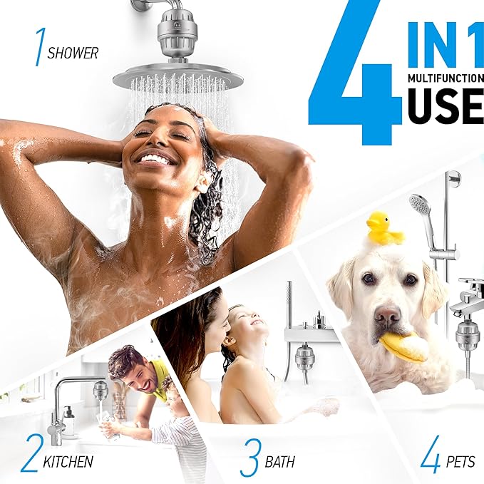 AquaHomeGroup 20 Stage Shower Filter with Vitamin C and E - Reduces Chlorine, Heavy Metals and Sediment - 2 Cartridges Included - High Pressure - Matte Chrome