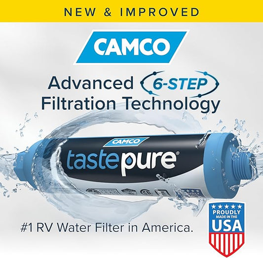 Camco Tastepure Camper/RV Water Filter - Inline Water Filter Reduces Bad Taste, Odor, Chlorine & Sediment - Ideal for RVs, Campers, Travel Trailers, Boats - Made in the USA - (40041)