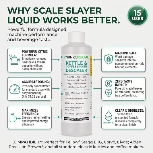 Think Crucial Kettle & Coffee Maker Descaler, 15 Uses, Best Value Per Descale — Compatible with Fellow, Stagg EKG, Corvo, Clyde, Aiden Brewer — Unscented Clear Liquid — 8 fl oz
