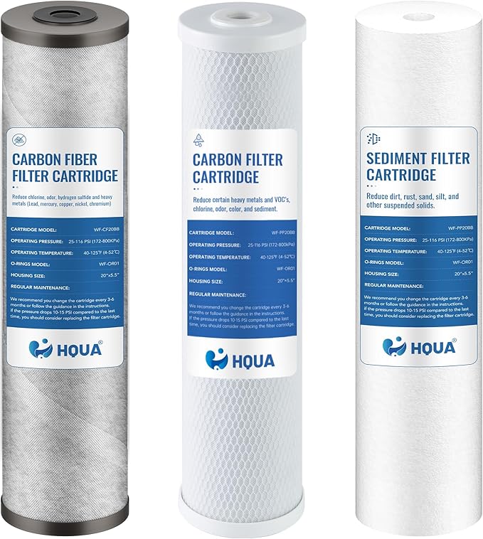 HQUA 3-stage Replacement Filter Cartridges Set, PP, Carbon Block, Activated Carbon Fiber (ACF), Fit for WF3-01 Pro Whole House Water Filter (PP,CARBON BLOCK,ACF)