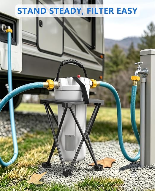 4-Stage RV Water Filter with Visible Cartridge Life Window, 7000 Gal Capacity, 3/4" GHT Camper Water Filter, Removes Sediments, Chlorine, PFAS, Heavy Metals, Bad Taste & Odor, for Marine and Gardening