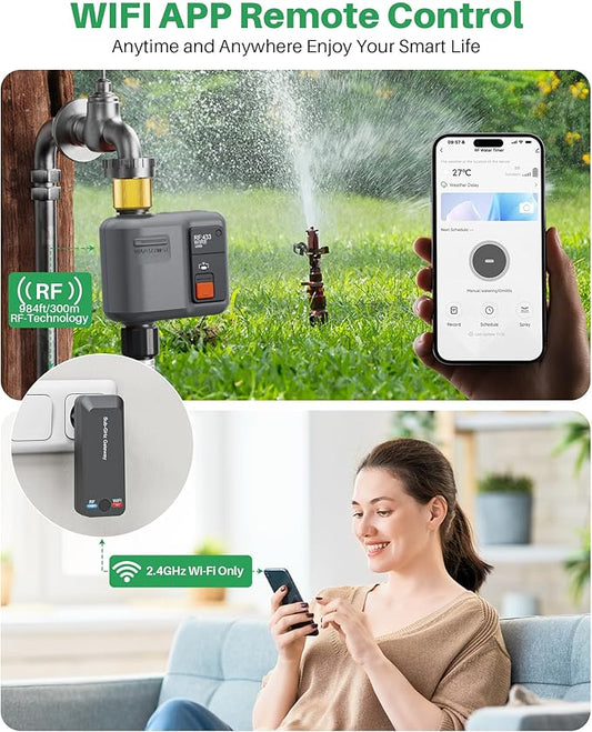 WiFi Sprinkler Timer 1 Zone with 984 Feet RF Gateway, 1 Outlet Dark Gray-Brass Inlet Smart Water Timer for Garden Hose with Rain Delay/Manual/Automatic,WiFi Water Timers for Garden