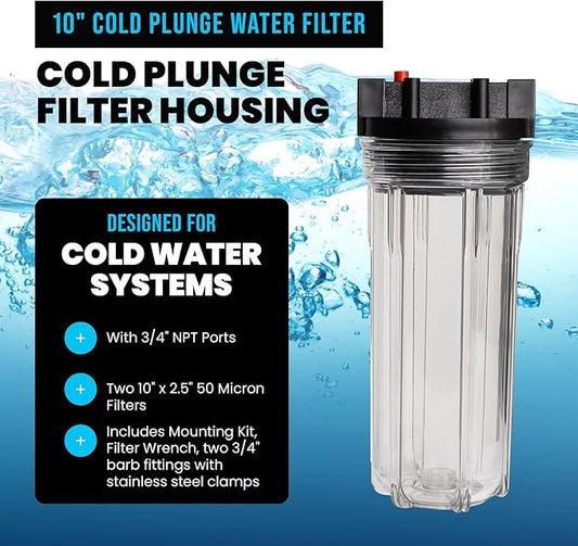 Cold Plunge Water Filter System, 10" Housing with 3/4" NPT Ports, 2× 50 Micron Pleated Filters, Mounting Kit & Wrench, Inline Sediment Filtration for Ice Baths, Whole House, Pool or Spa Use
