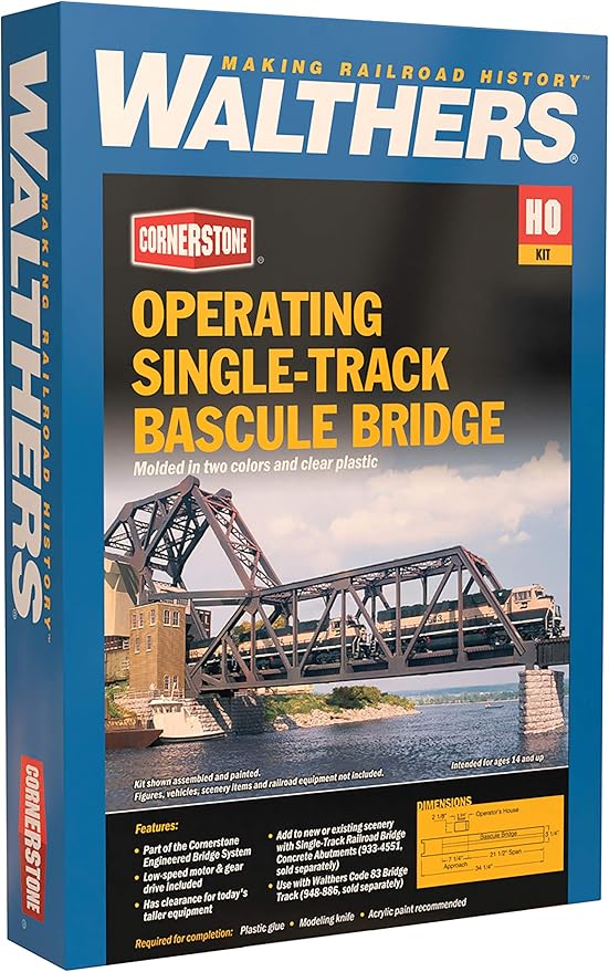 Walthers Cornerstone Operating Single-Track Railroad Bascule Bridge 933-3070 HO Scale Model Railroad - Structure Kit