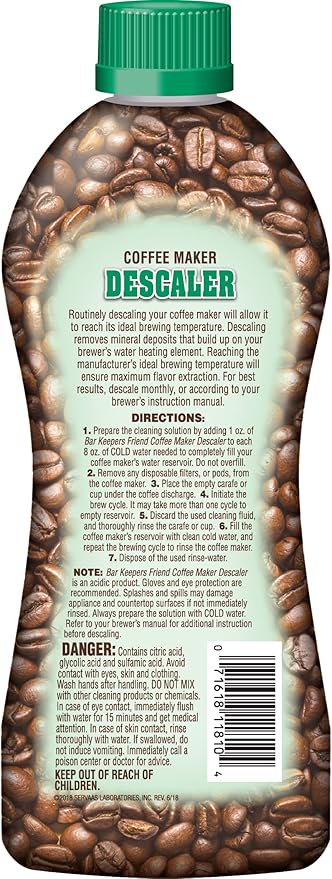 Bar Keepers Friend Coffee Maker Cleaner + Descaler (2 x 12 oz) Removes Stains & Oily Residue from Espresso Machines, Carafes, Thermos, Drip Coffee Pots, Single-Cup Coffee Makers & More