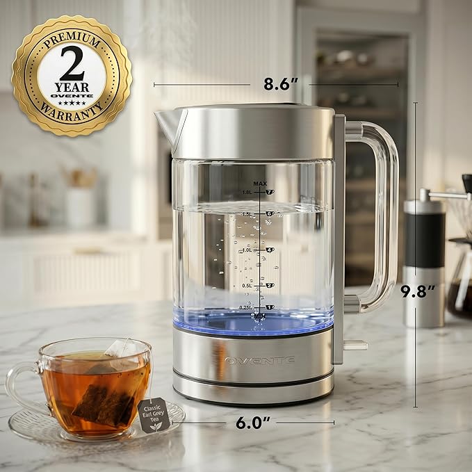OVENTE Electric Kettle, 1.8L Tea Kettle Cordless with Borosilicate Glass Water Boiler, Stainless Steel Base, Acrylic Handle, 1500W Fast Boil Electric Kettle, Easy Fill Lid, Auto Shutoff, Silver KG911S