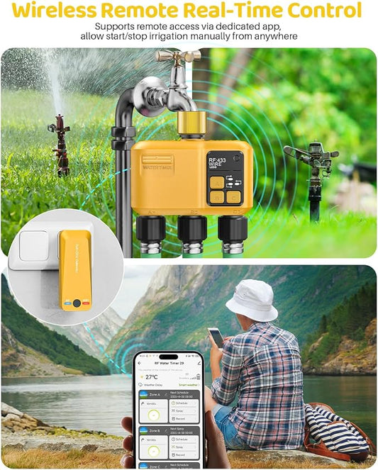 WiFi Water Timer 3 Zone for Garden Hose, Smart Sprinkler Timer with 984ft RF Range, Brass Inlet, APP/Voice Control, Rain Delay, Automatic/Manual Irrigation