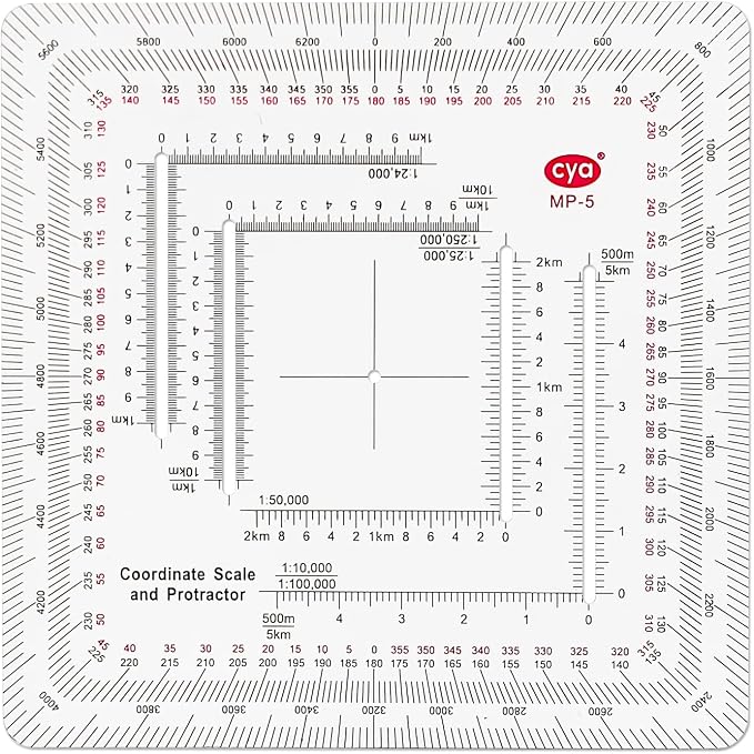 CYA MP-5 Square Military Map Protractor - Multi Scale UTM Coordinate Tool | Multi-scale MP-5 square map protractor for 1:24k to 1:500k charts. Features degrees, mils & USGS 7.5 min map rulers.