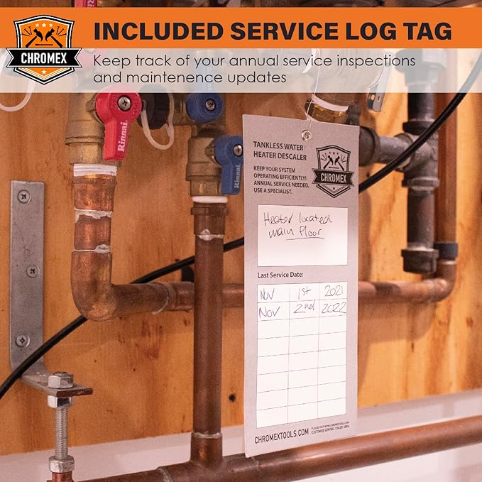 Chromex Tankless Water Heater Flush Kit with Certified Liquid Descaling Solution and Right Angle Inlet Hoses & 1/6HP Extra Strength Pump