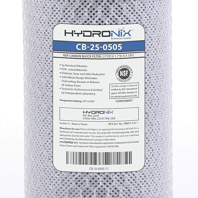 Hydronix CB-25-0505 NSF Coconut Activated Carbon Block Water Filter, 2.5" x 5" - 5 Micron