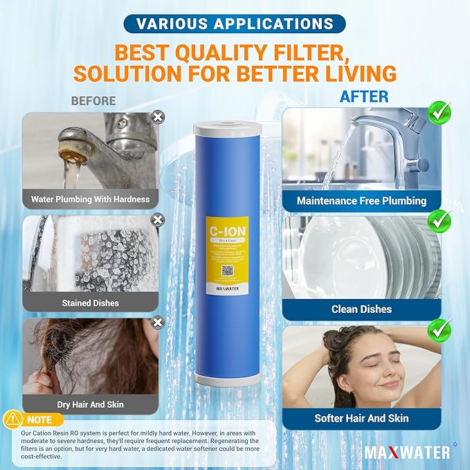 (1 Pack) Calcium, Magnesium TDS Hardness Reduction Water Softening 20" x 4.5" Cation Resin Filter Compatible with 20" BB Whole House Water Filter Systems