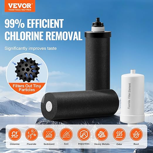 VEVOR Gravity-fed Water Filter System, 2.25G 304 Stainless-Steel Countertop Filtration System, Reduces Lead and up to 99% of Chlorine, with 2 Activated Carbon Filter, 2 Defluorination Filter, Spigot