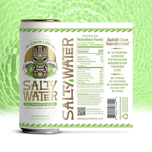 SaltyWater Electrolyte Drink, Lemon Lime – Zero Sugar Premium Hydration Drink, 10 Calories, Minerals, Taurine, B-Vitamins, Non-Carbonated - Zero Caffeine Electrolyte Sports Drink - Gluten Free - 12 Pack (12 oz)