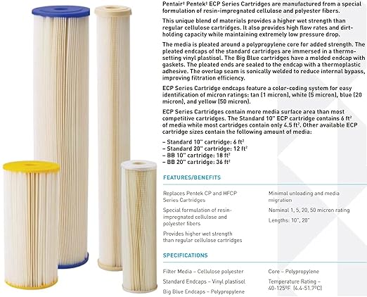 Pentair Pentek ECP1-20 Sediment Water Filter, 20-Inch, Whole House Pleated Cellulose Polyester Replacement Cartridge, 20" x 2.5", Tan End-Cap, 1 Micron