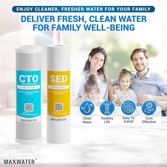 Max Water 5 Micron Replacement Water Filter Set 10” x 2.5” Sediment & Carbon Block (PP + CTO), 12 Pack