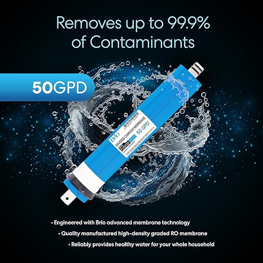 Brio Reverse Osmosis Membrane for Residential RO Water Filtration Systems, 50 GPD, 1.8" x 12", Certified NSF/ANSI 58, In-Line Style for Undersink RO Systems, 2000L Capacity, Universal Fit