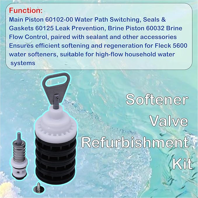 Softener Valve Refurbishment Kit Compatible with Fleck 5600,Includes Softener Main Piston 60102-00,Seals and Spacers 60125,Screws,Brine Piston 60032,And lower brine seal