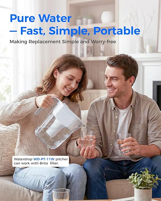 Waterdrop PT-11W 7-Cup Water Filter Pitcher with 3 Replacement Filters, Can Work with Brita® Water Pitchers & Filters, BPA-Free, Fast Flow, Reduces Chlorine and Lead, Up to 6 Months, White