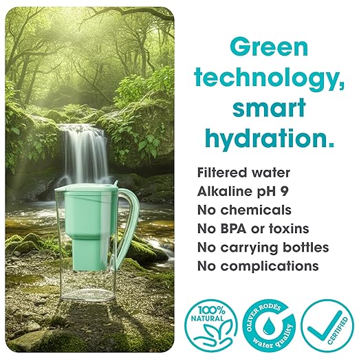 Water Filter Jug Green for Tap Water Alkanatur Drops Filters Water Supports Ionisation and Gives Magnesium from pH 9 1.4 Litre Capacity Filters Limescale Chlorine and Metals Without BPA