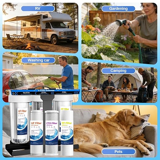 RV Water Filter System,5-Stage RV Water Filter System for Rvs and Campers, 1" Inlet/Outlet, 0.01 Micron Filtration Reduces Sediments, Chlorine, VOCs, Heavy Metals & Odors, Travel Trailers, Boats